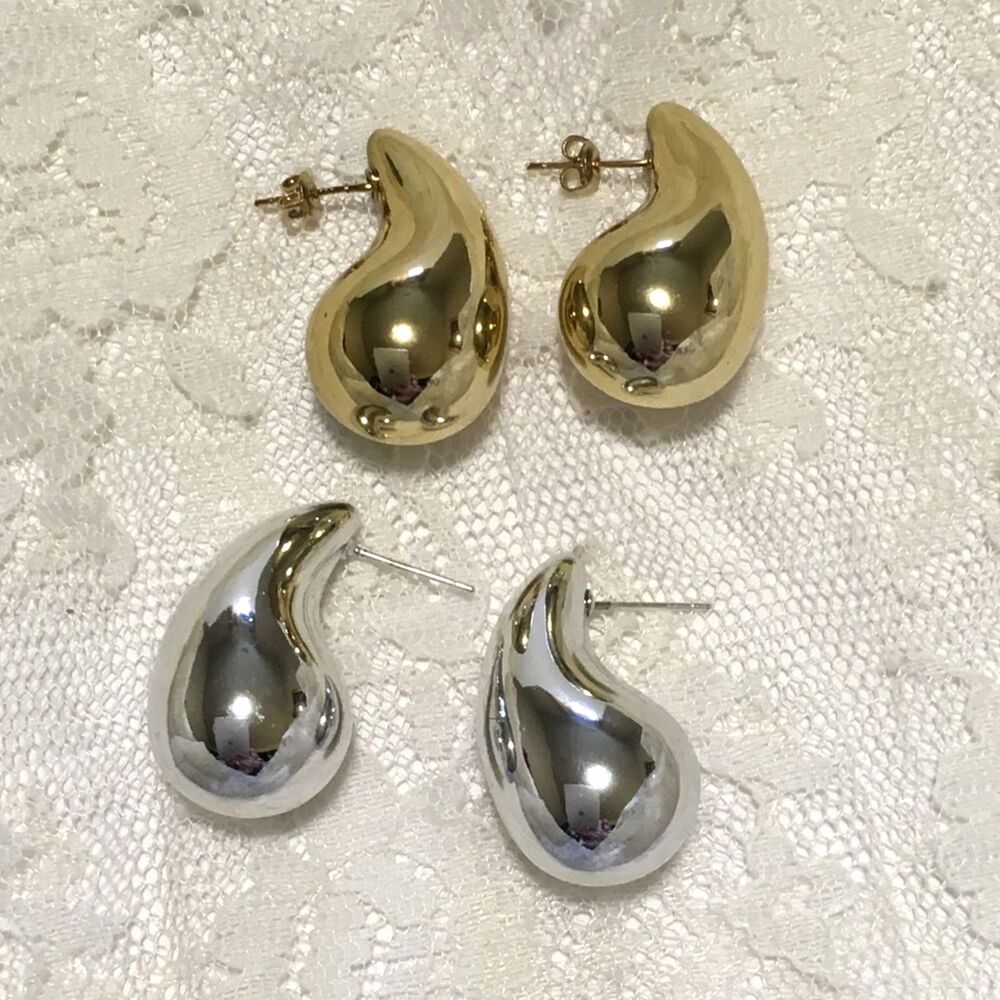 Puffy Teardrop Earrings Gold Silver Tone Pierced Statement Maximalist